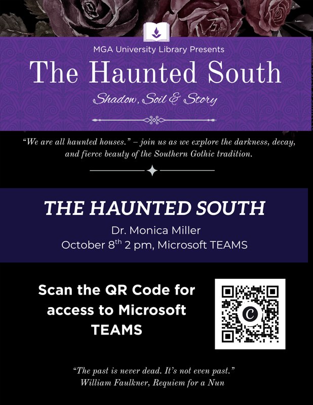 Flyer for "The Haunted South" event with Monica Miller. Event details in description.
